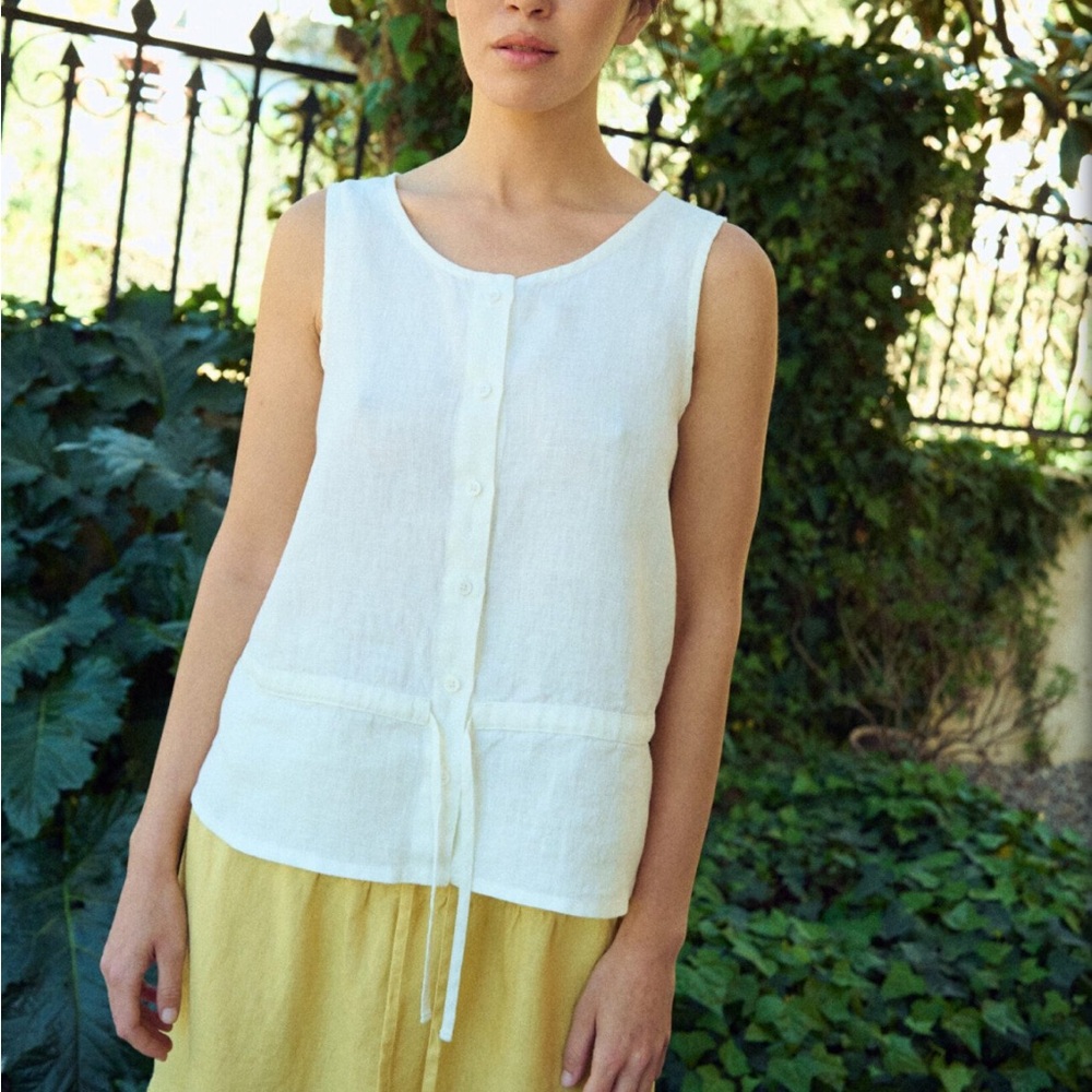 Sleeveless White Button-Front Linen Top by Linen Fox